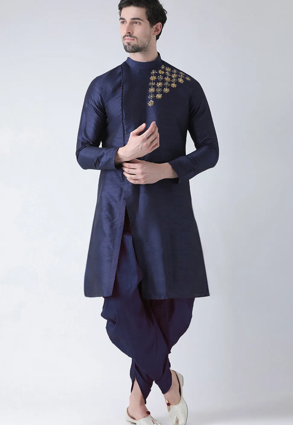 Hand Embroidered Dupion Silk Kurta Set in Navy Blue