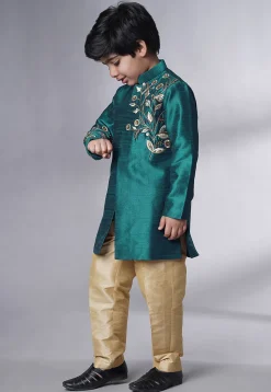 Hand Embroidered Dupion Silk Sherwani Set in Teal Green