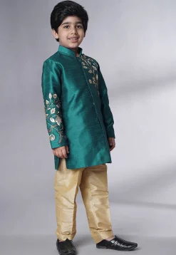 Hand Embroidered Dupion Silk Sherwani Set in Teal Green