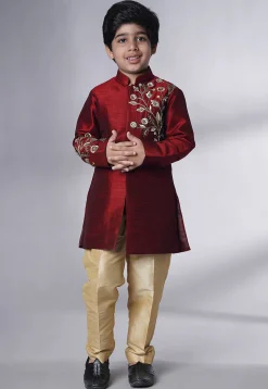 Hand Embroidered Dupion Silk Sherwani Set in Maroon
