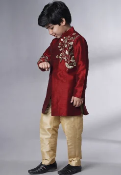 Hand Embroidered Dupion Silk Sherwani Set in Maroon