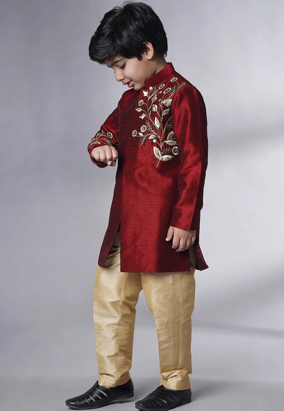 Hand Embroidered Dupion Silk Sherwani Set in Maroon