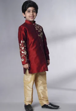 Hand Embroidered Dupion Silk Sherwani Set in Maroon
