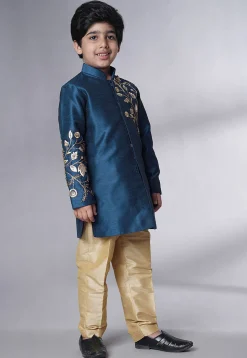 Hand Embroidered Dupion Silk Sherwani Set in Teal Blue
