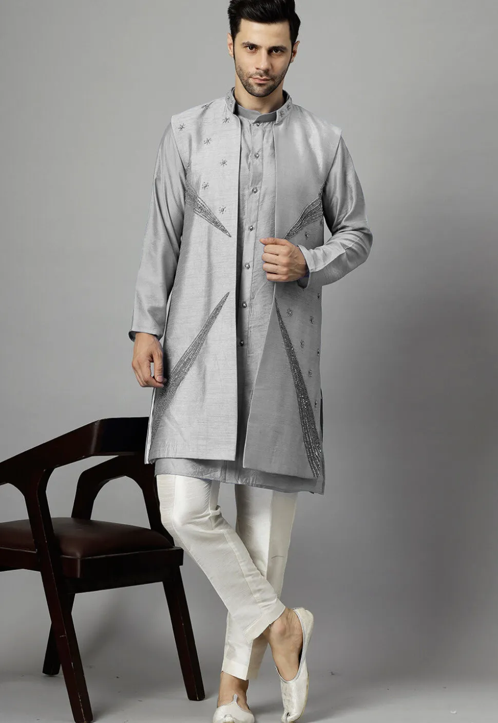 Hand Embroidered Dupion Silk Kurta Set in Grey
