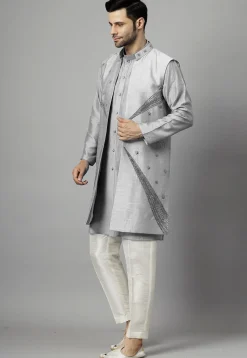 Hand Embroidered Dupion Silk Kurta Set in Grey