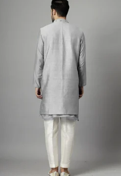 Hand Embroidered Dupion Silk Kurta Set in Grey