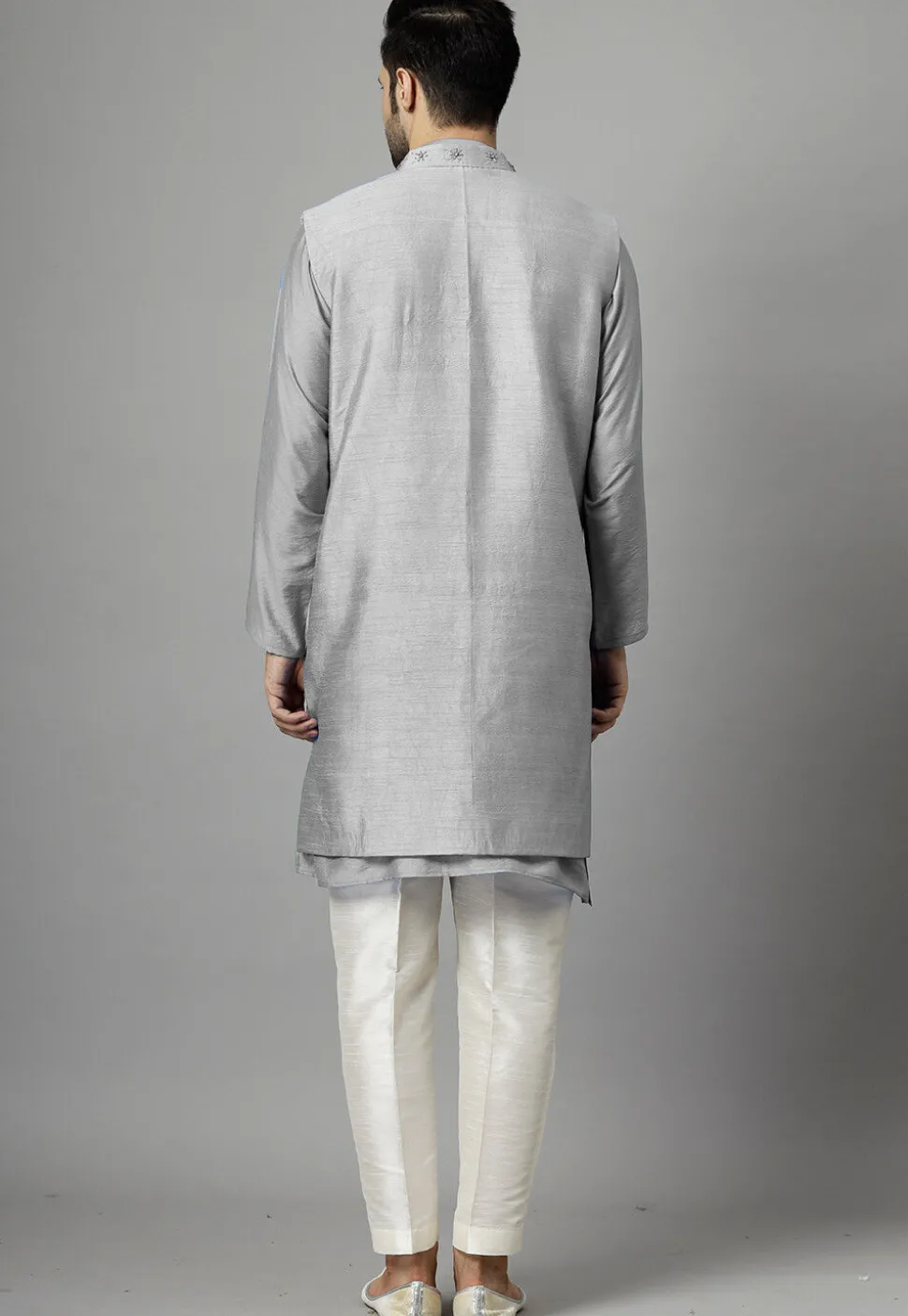 Hand Embroidered Dupion Silk Kurta Set in Grey