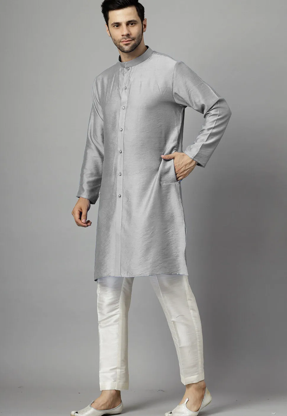 Hand Embroidered Dupion Silk Kurta Set in Grey
