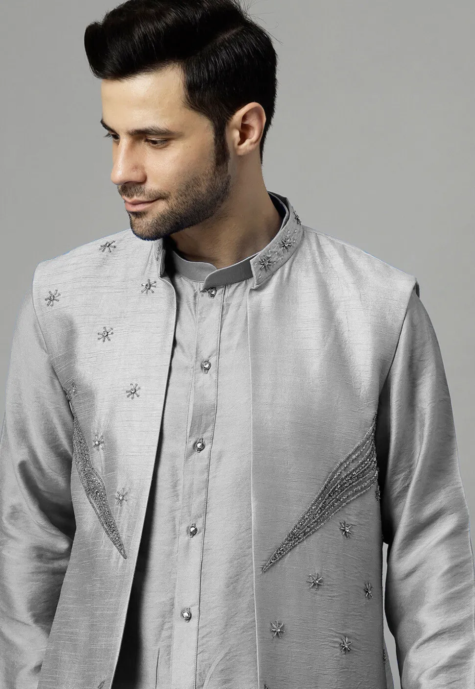 Hand Embroidered Dupion Silk Kurta Set in Grey