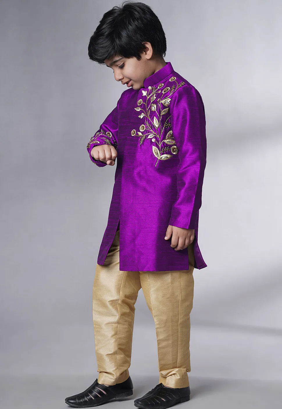 Hand Embroidered Dupion Silk Sherwani Set in Dark Magenta