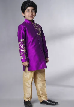 Hand Embroidered Dupion Silk Sherwani Set in Dark Magenta