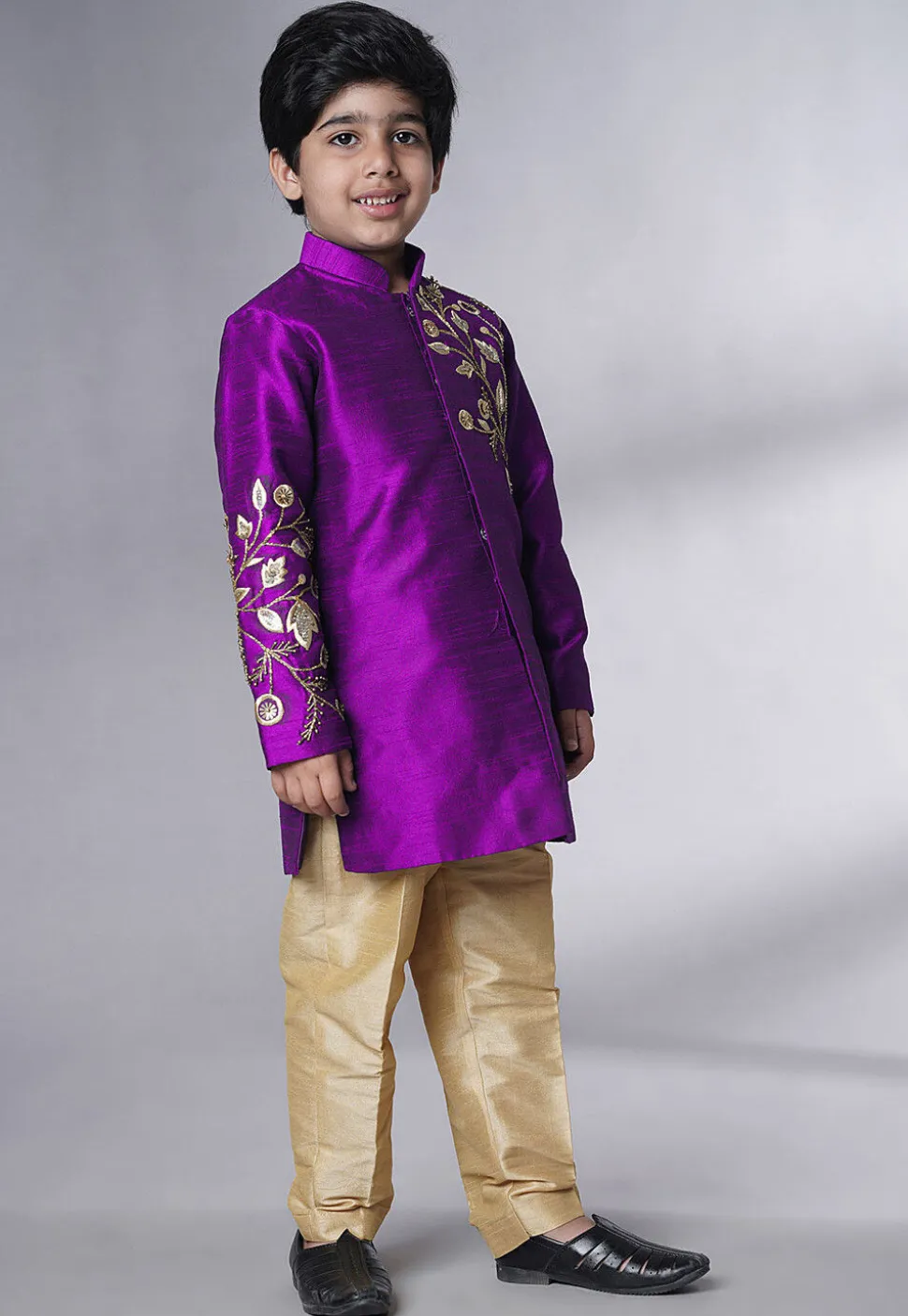 Hand Embroidered Dupion Silk Sherwani Set in Dark Magenta