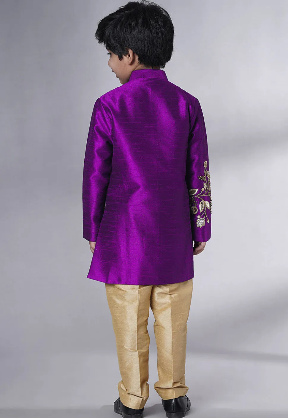 Hand Embroidered Dupion Silk Sherwani Set in Dark Magenta