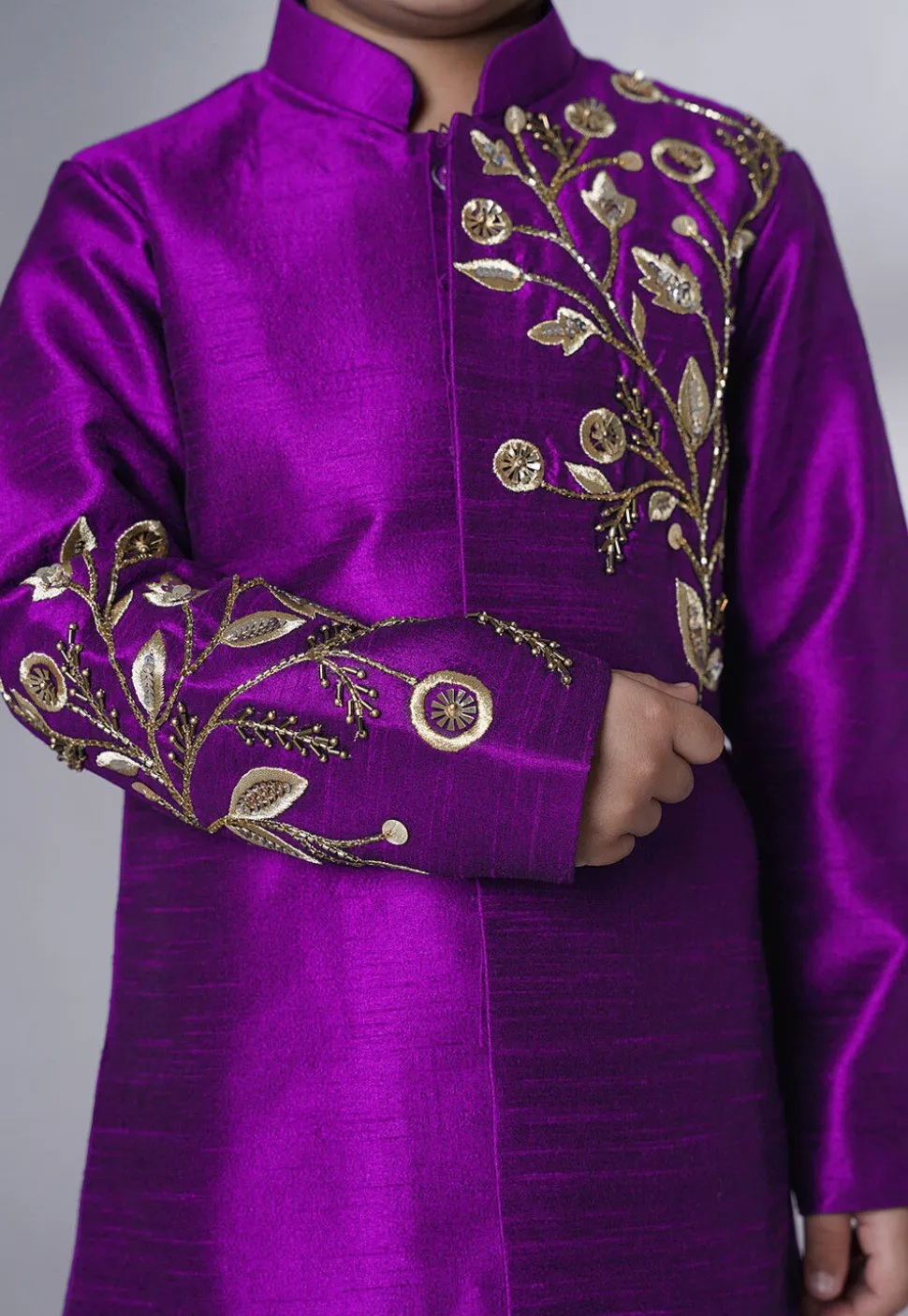 Hand Embroidered Dupion Silk Sherwani Set in Dark Magenta