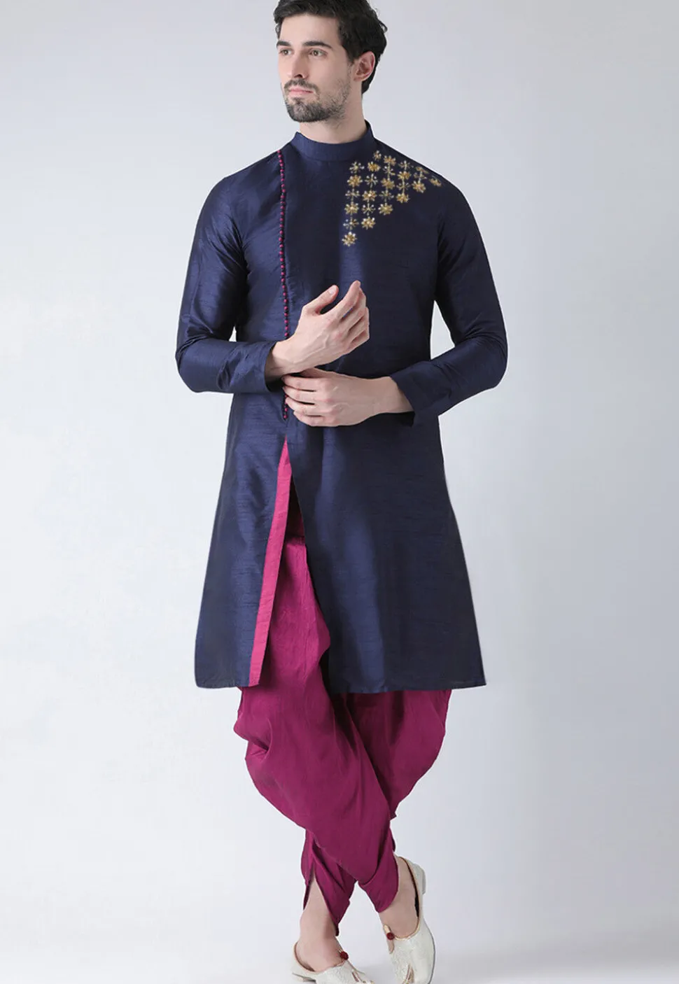 Hand Embroidered Dupion Silk Kurta Set in Navy Blue