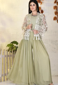 Hand Embroidered Dupion Silk Crop Top Set in Dusty Green
