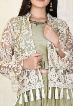 Hand Embroidered Dupion Silk Crop Top Set in Dusty Green