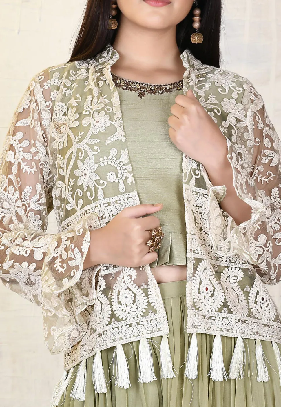 Hand Embroidered Dupion Silk Crop Top Set in Dusty Green