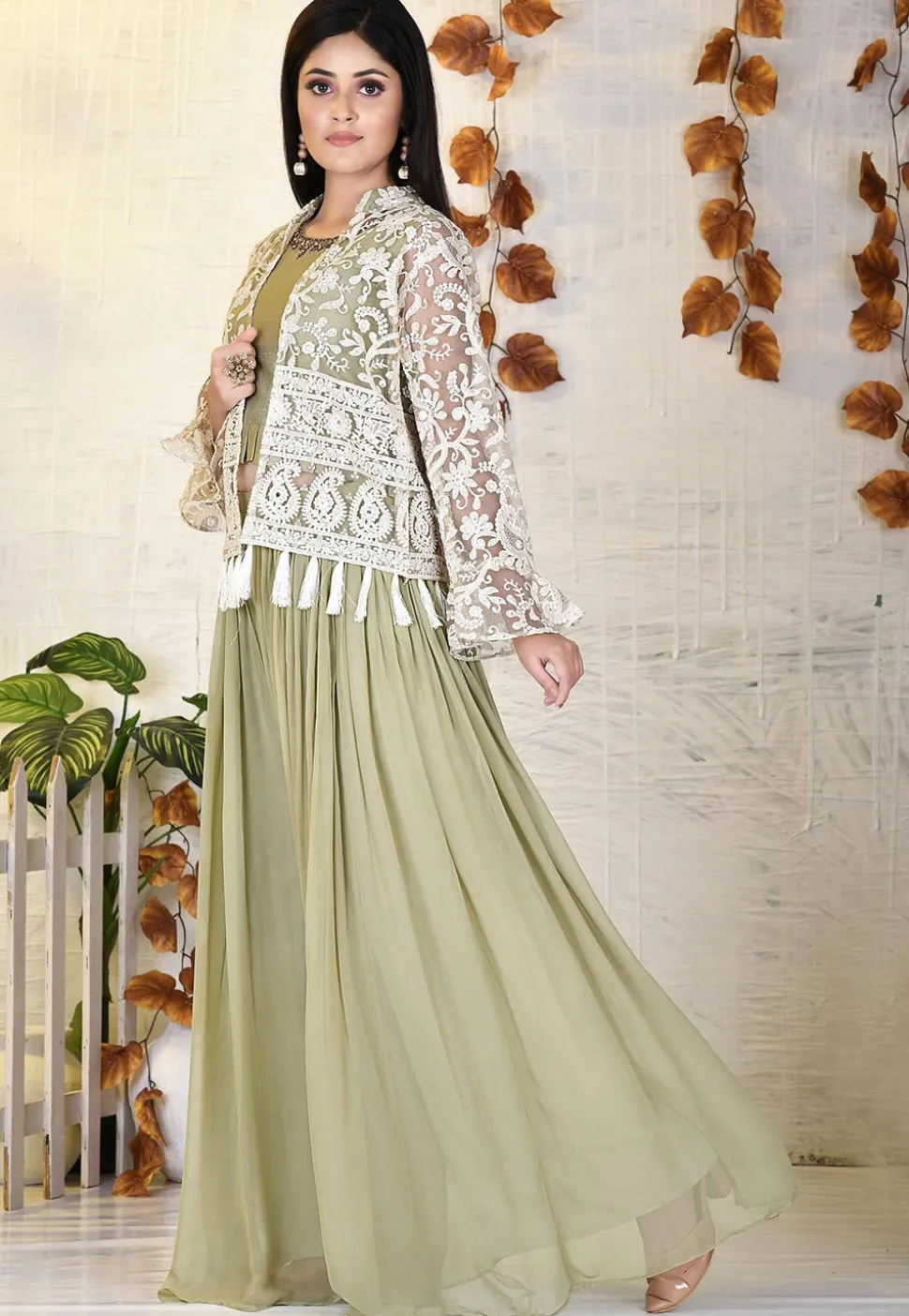 Hand Embroidered Dupion Silk Crop Top Set in Dusty Green