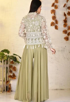 Hand Embroidered Dupion Silk Crop Top Set in Dusty Green