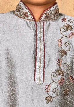 Hand Embroidered Dupion Silk Kurta Set in Grey