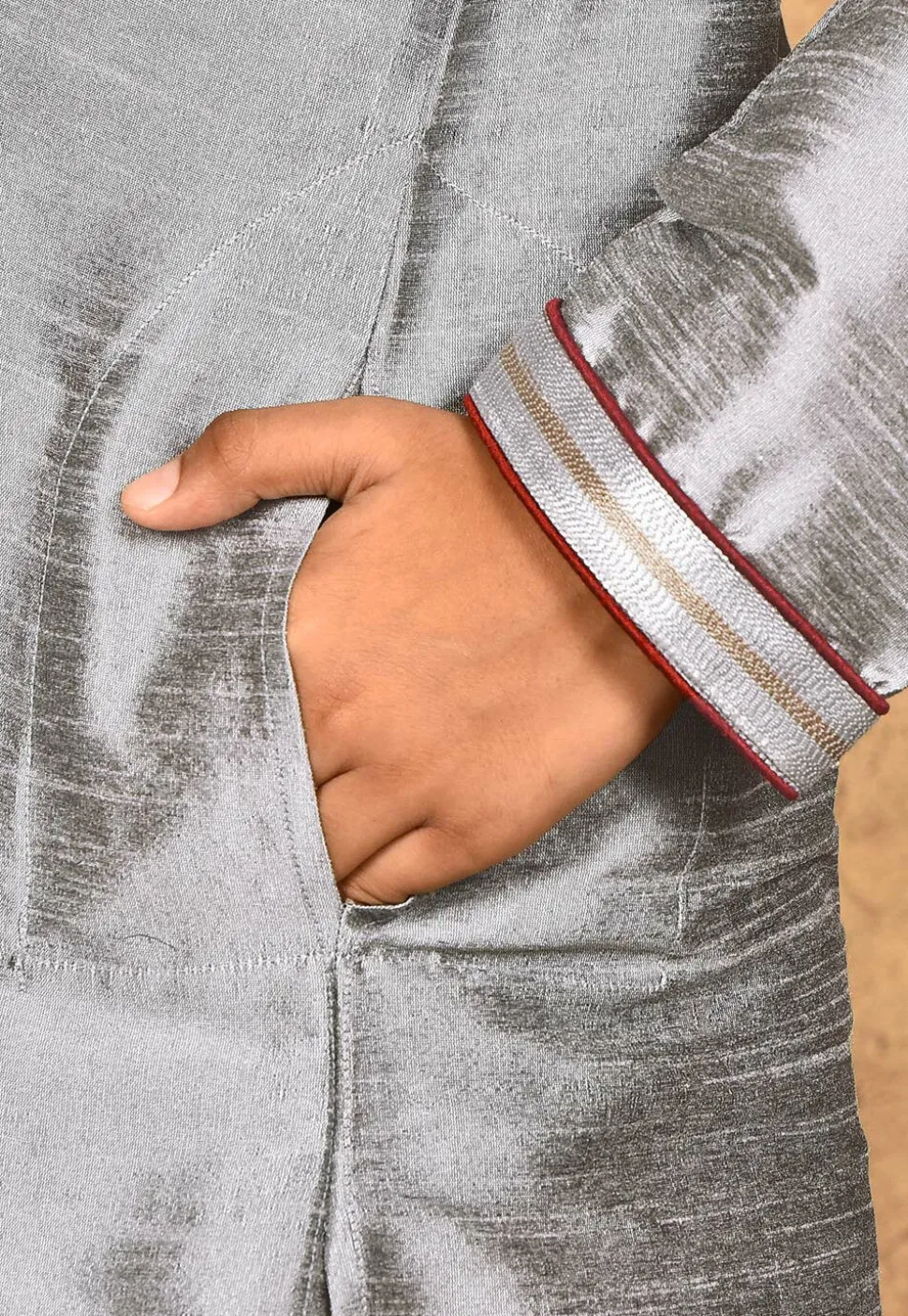 Hand Embroidered Dupion Silk Kurta Set in Grey