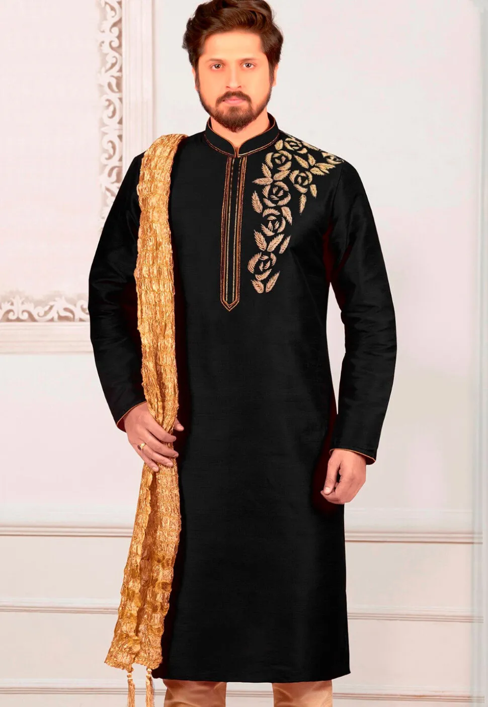 Hand Embroidered Dupion Silk Kurta in Black