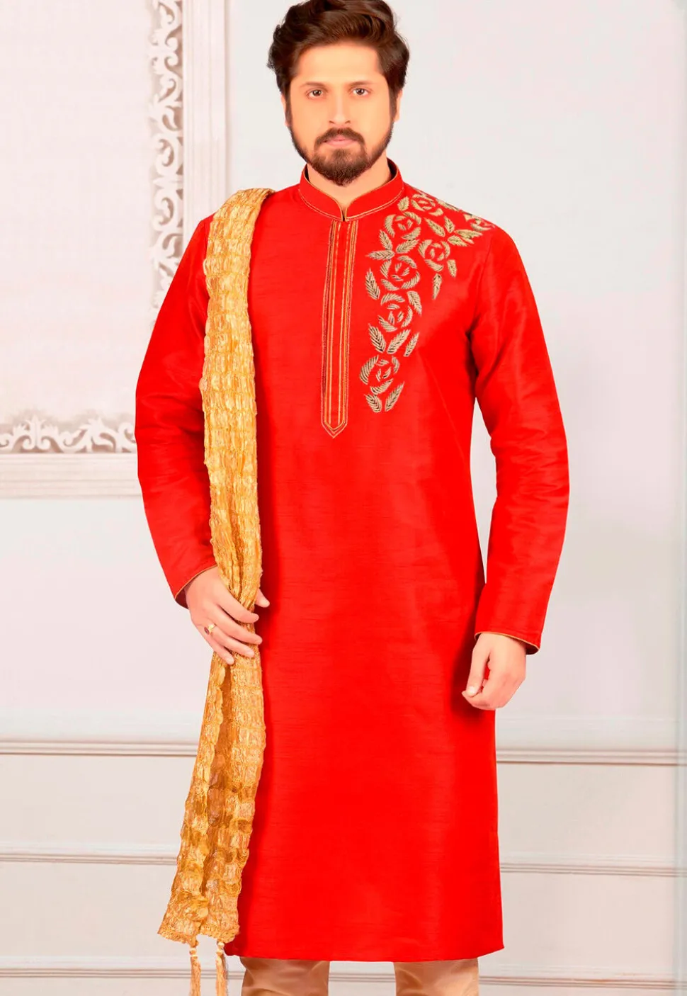 Hand Embroidered Dupion Silk Kurta in Rust