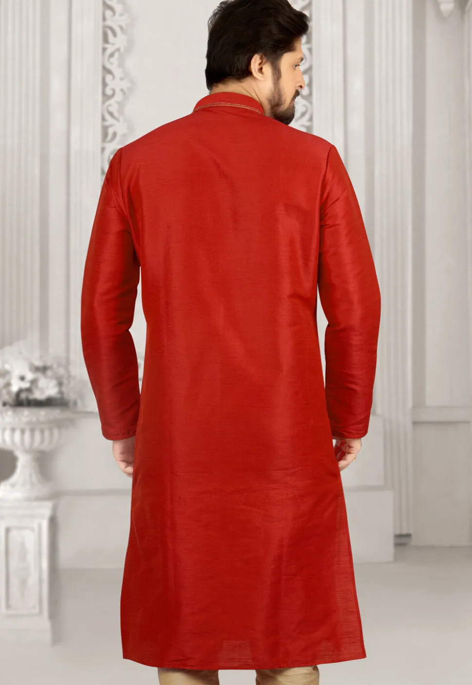 Hand Embroidered Dupion Silk Kurta in Rust