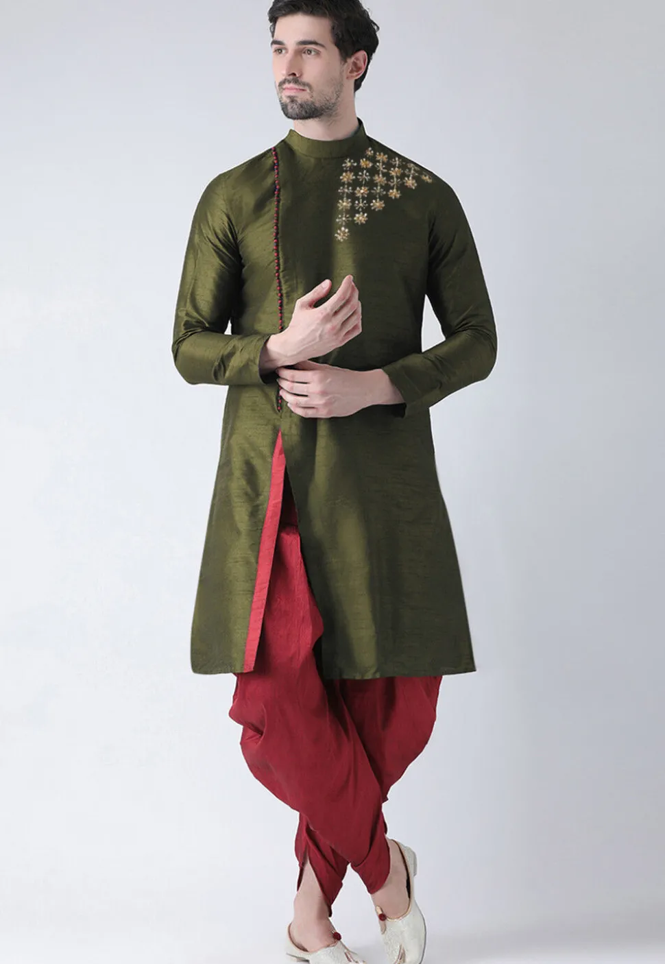 Hand Embroidered Dupion Silk Kurta Set in Olive Green