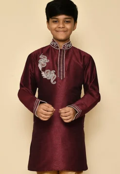 Hand Embroidered Dupion Silk Kurta in Maroon