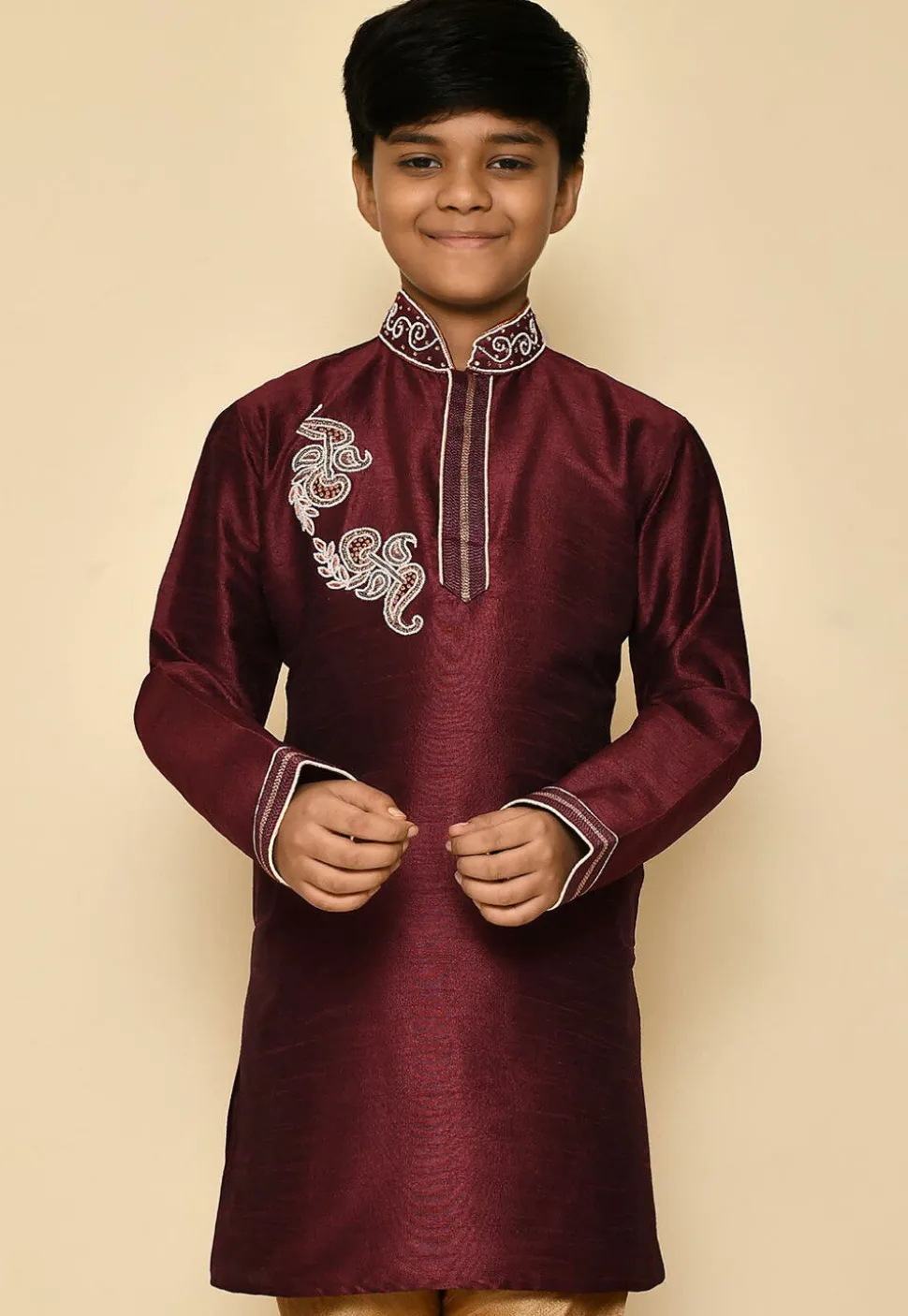 Hand Embroidered Dupion Silk Kurta in Maroon