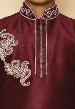 Hand Embroidered Dupion Silk Kurta in Maroon