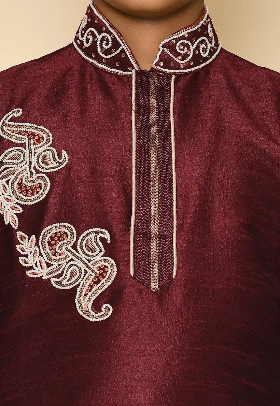 Hand Embroidered Dupion Silk Kurta in Maroon