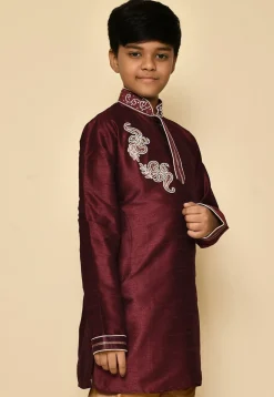 Hand Embroidered Dupion Silk Kurta in Maroon