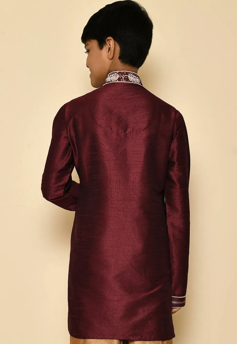 Hand Embroidered Dupion Silk Kurta in Maroon