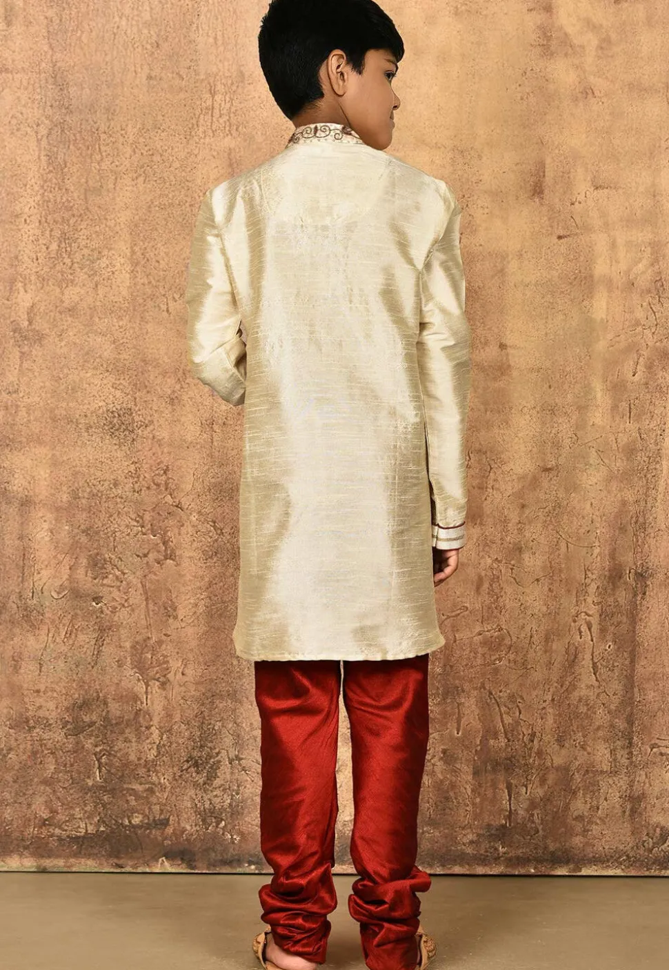 Hand Embroidered Dupion Silk Kurta Set in Light Beige
