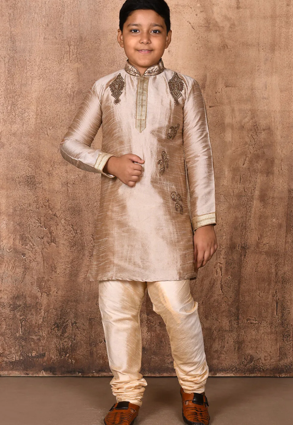 Hand Embroidered Dupion Silk Kurta Set in Beige