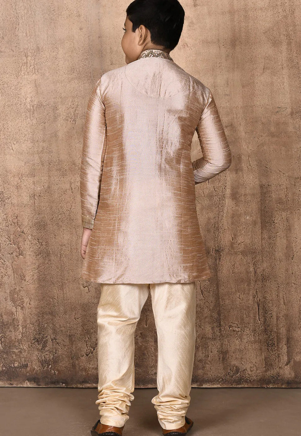Hand Embroidered Dupion Silk Kurta Set in Beige