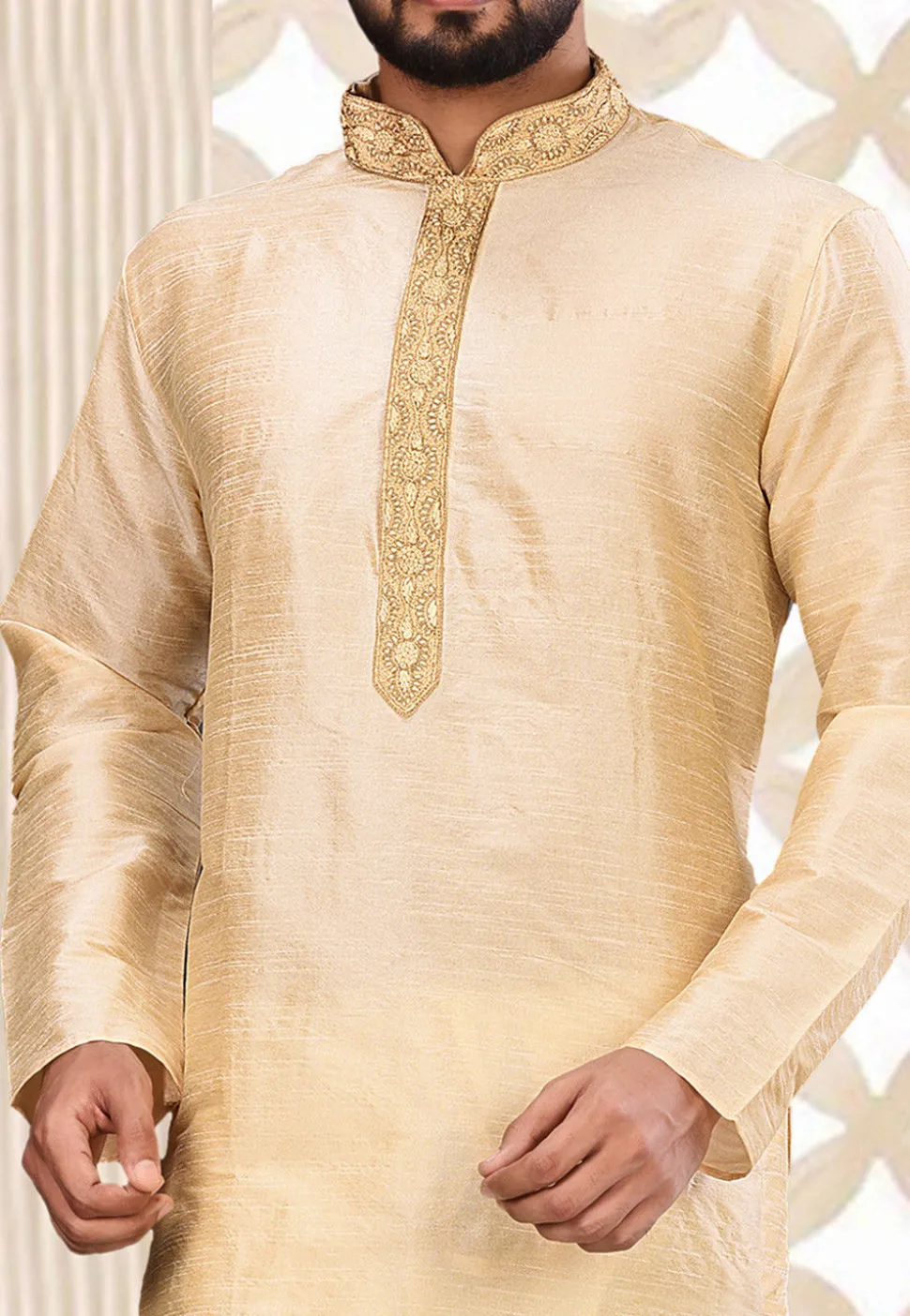 Hand Embroidered Dupion Silk Kurta Set in Light Beige