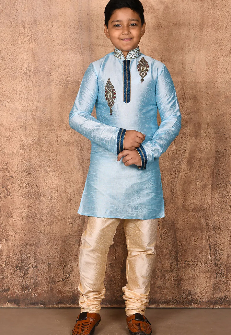 Hand Embroidered Dupion Silk Kurta Set in Light Blue