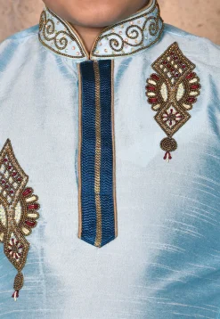Hand Embroidered Dupion Silk Kurta Set in Light Blue