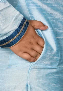 Hand Embroidered Dupion Silk Kurta Set in Light Blue