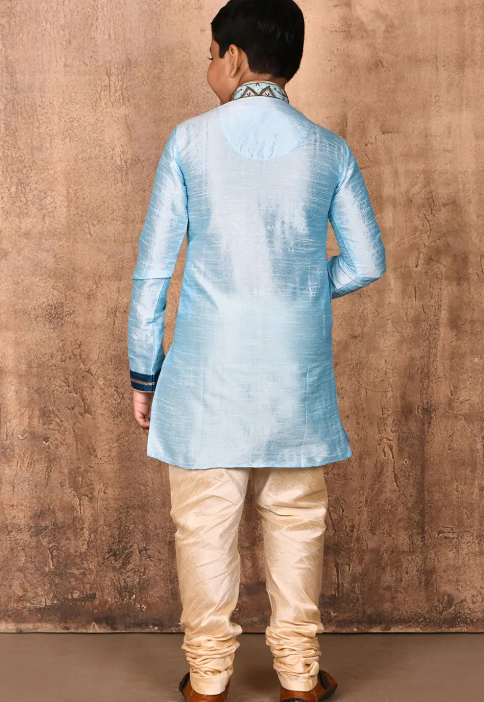 Hand Embroidered Dupion Silk Kurta Set in Light Blue