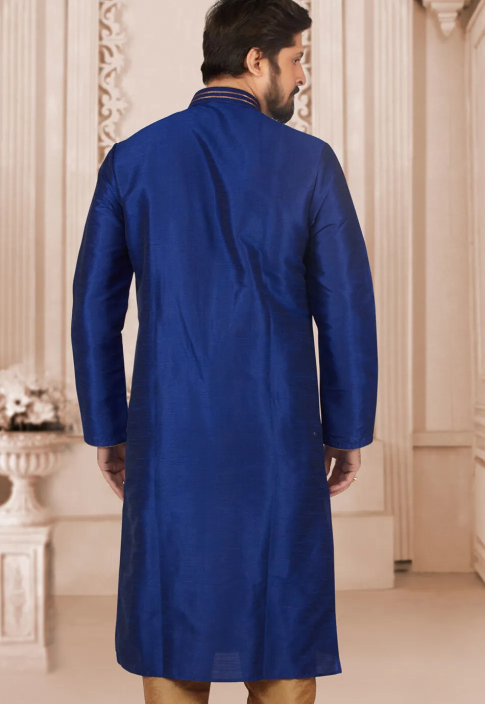 Hand Embroidered Dupion Silk Kurta in Royal Blue