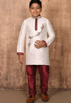 Hand Embroidered Dupion Silk Kurta Set in Cream