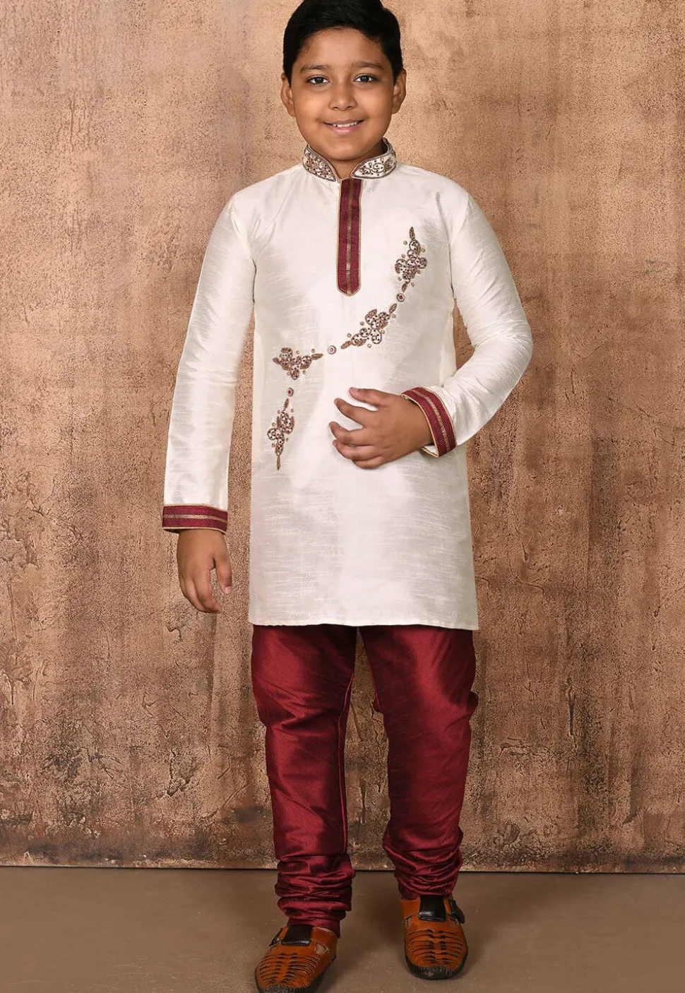 Hand Embroidered Dupion Silk Kurta Set in Cream