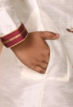 Hand Embroidered Dupion Silk Kurta Set in Cream
