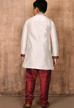 Hand Embroidered Dupion Silk Kurta Set in Cream